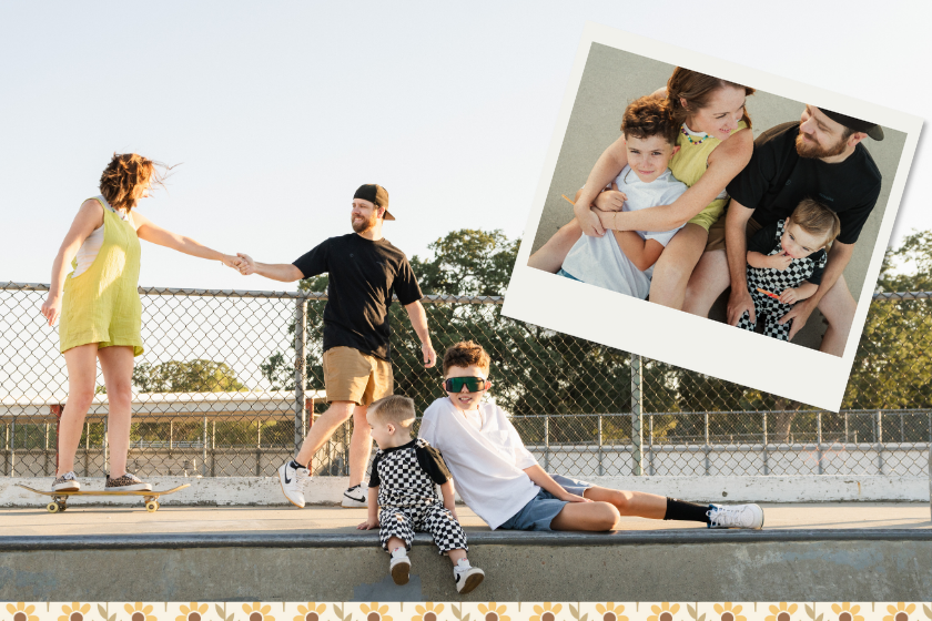 Lifestyle family session in Rocklin Skatepark, mom skateboarding while holding hands with dad during candid portrait session.