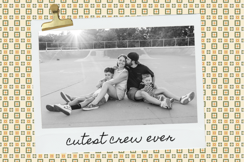 Black and white Rocklin family session, parents cuddling children during lifestyle skatepark session.